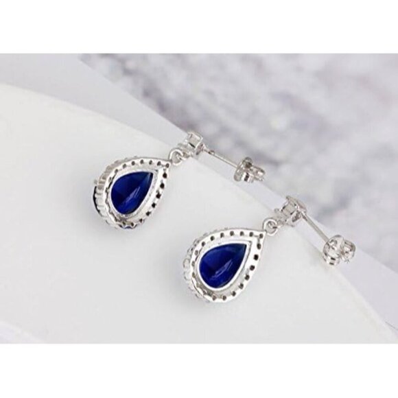 Women's Silver Blue Teardrop Plated Tear Drop  Crystal Earrings with Box - Picture 4 of 5